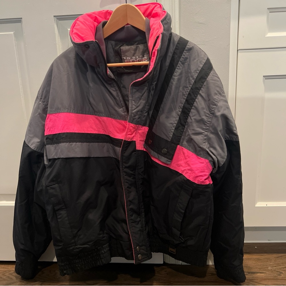 vintage 80s 90s Inside Edge Black/Gray/Pink Neon Coat Jacket Ski Men SZ M